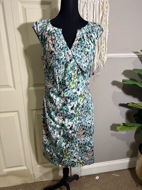 Adrianna Papell Mint, Pink & Yellow Floral Faux-Wrap Midi Dress